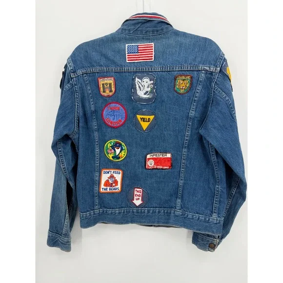 Vintage Denim Trucker Jacket Custom Mens Medium Patchwork One of a Kind - Picture 5 of 11